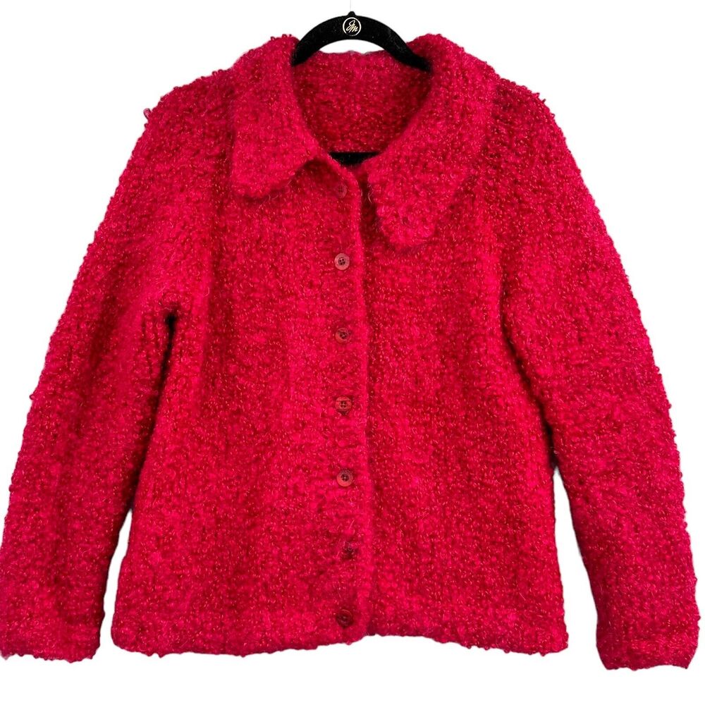 Coquette Boucle Jacket Womens L Pink Fuzzy Button Front Y2K Glam Statement Y2K